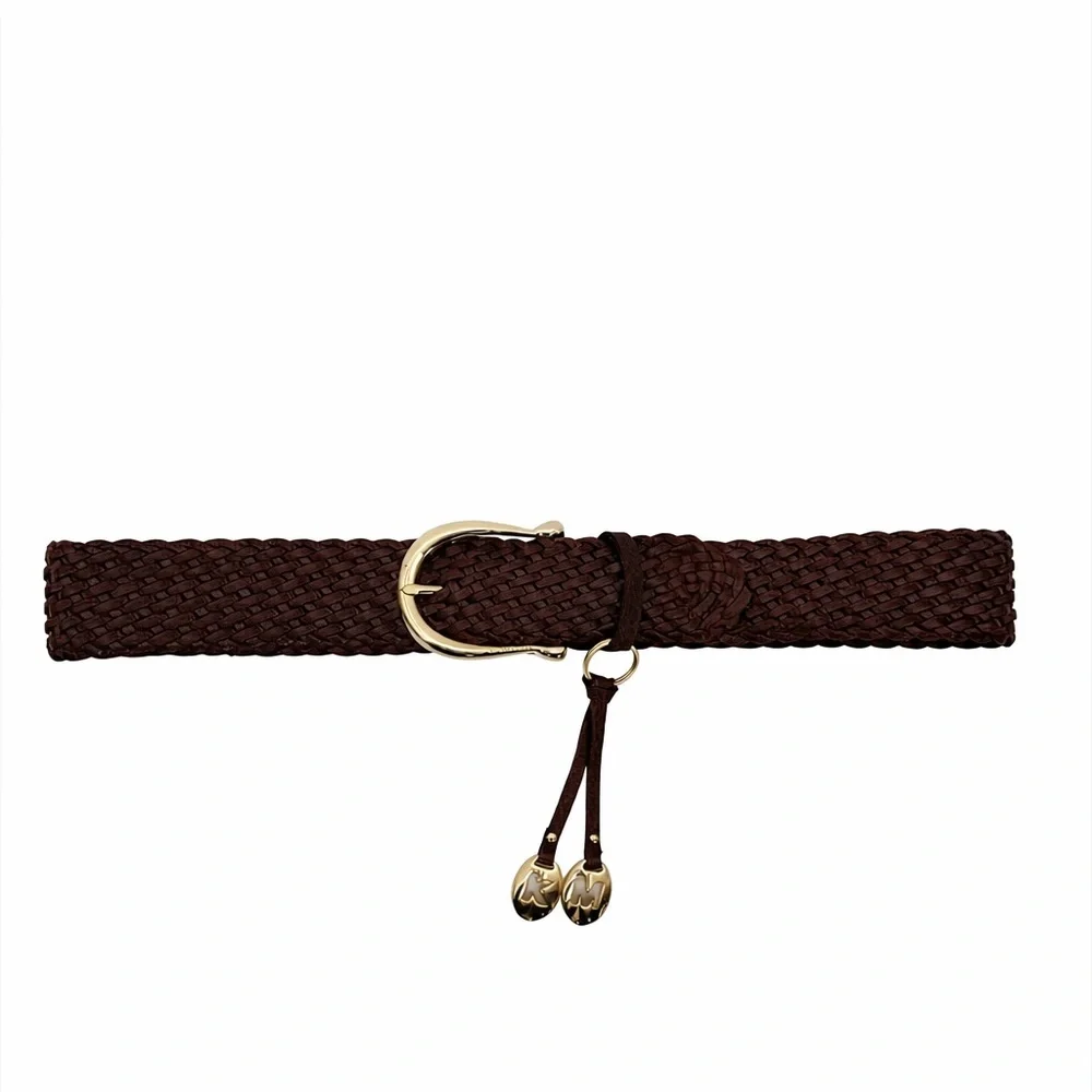 Michael Kors Brown Braided Leather Belt Gold Buckle Tassel Charm Boho Chic SZ M